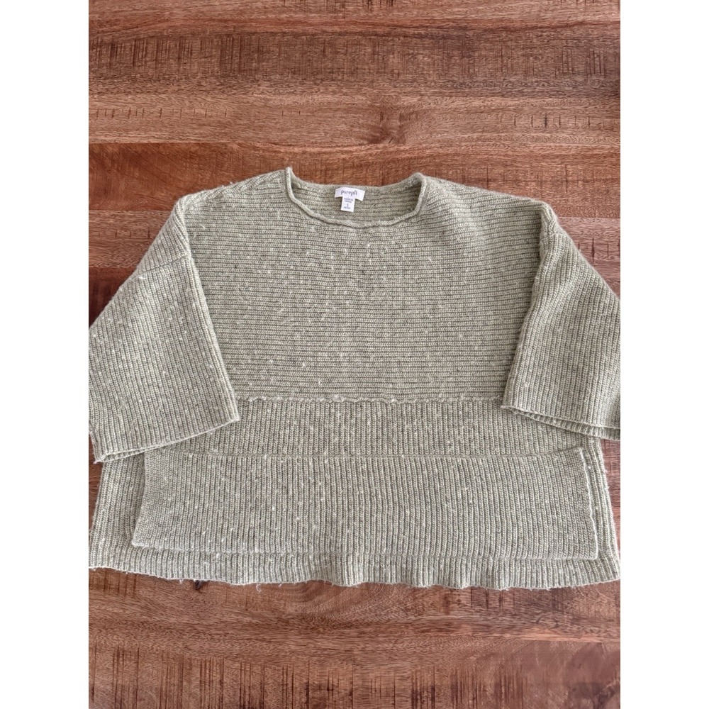 Pure Jill Sweater Small Petite Green Wool Blend Cropped Boxy Knit Pullover